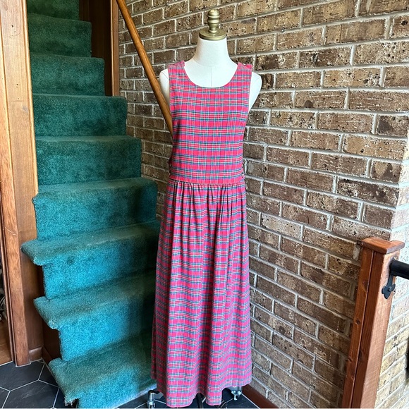 VTG 80s 90s Red & Green Plaid Christmas Holiday Pleated Midi Maxi Dress - Picture 3 of 10